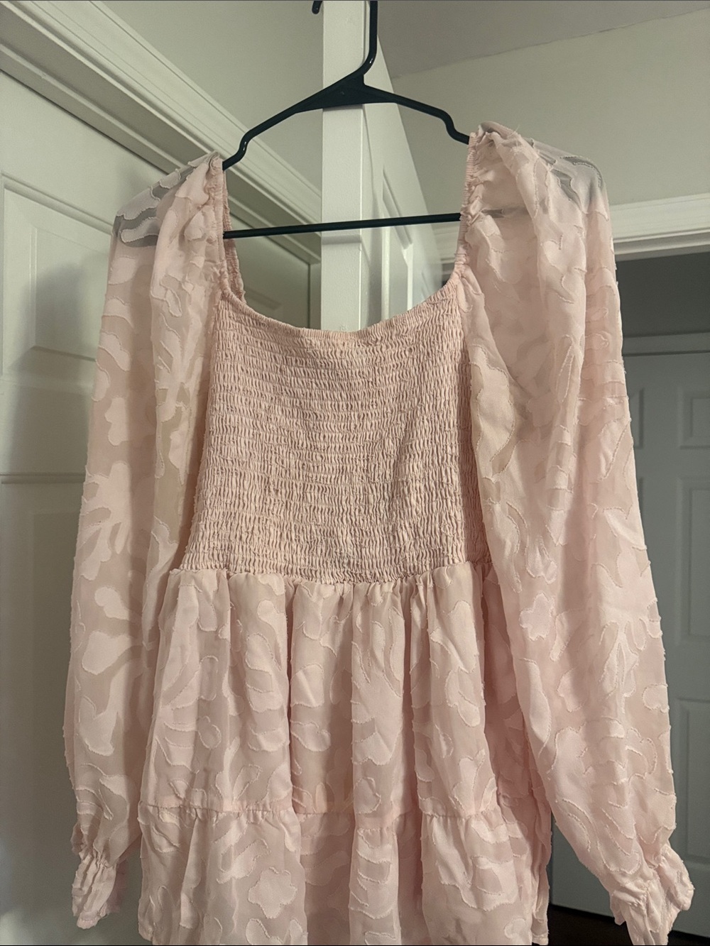 SHEIN Blush Pink Smocked Bodice Long Sleeve Blouse